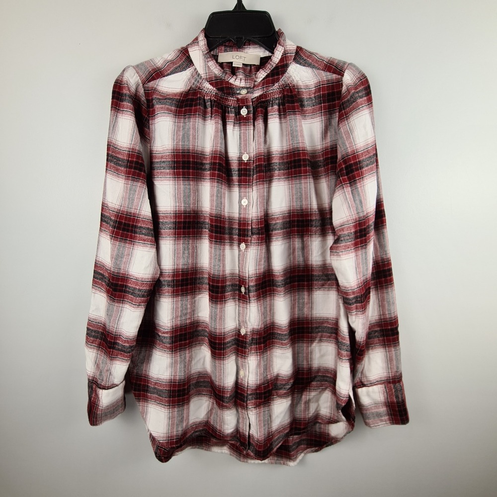 LOFT Womens Red White Plaid Ruffle Neck Button Down Blouse Size S Casual Soft